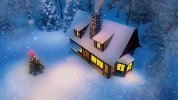 居心地の良い民家喫煙煙突と屋外の空撮は 冬の夜雪のクリスマス ツリーを飾られています でレンダリング Cinemagraph スタイルのクリスマスや新年の休日の アニメーション — ストック動画
