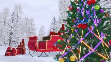 Açık bir şekilde dekore edilmiş Noel ağacı ve Noel Baba kızağa Noel hediye kutuları kar yağışı karlı kış ormanı arasında dolu kapatın. 4 k'dan fazla işlenen Xmas veya yeni yıl tatil için Festival 3d animasyon