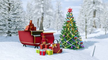 Noel ağacı ve Noel Baba kızağı karlı köknar orman dekore edilmiş