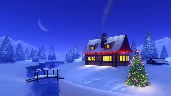 Illuminated house in mountain at Christmas night — Stock Photo, Image