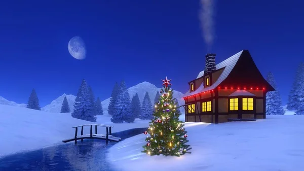 Árbol de Navidad cerca de cabaña de montaña por la noche —  Fotos de Stock