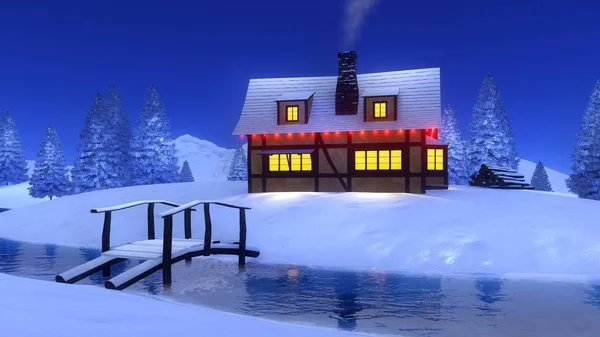 Cabane rurale près de la rivière gelée la nuit d'hiver — Photo