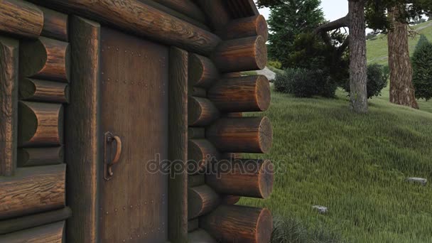 Close Old Fairytale Log Cabin Spruce Forest Daytime People Realistic — Stock Video