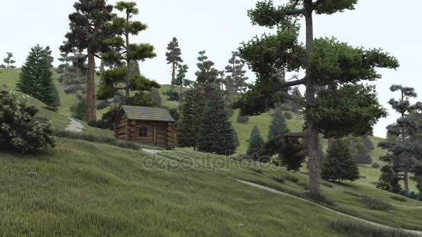 Rustige Bosrijke Landschap Met Oude Houten Huis Onder Pine Sprookjesbos — Stockvideo