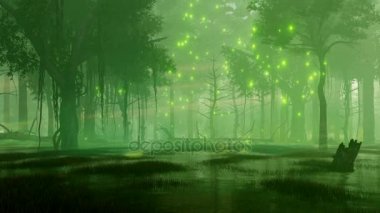 Doğaüstü peri firefly ışıkları bir bataklık gizemli gece ormanda ürkütücü ölü ağaçlar etrafında uçan. 4 k'dan fazla işlenen 3d animasyon fantastik