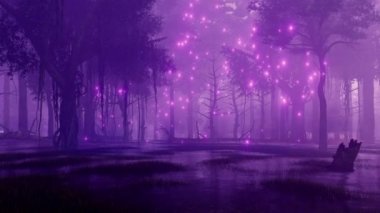 Karanlık gece, havaya yükselen doğaüstü peri firefly ışıkları ile gizemli sulak orman. 4 k'dan fazla işlenen 3d animasyon fantastik