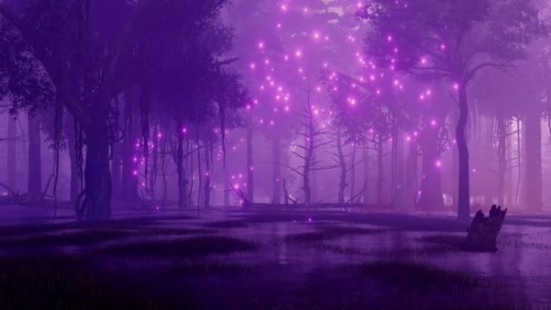 Mystické firefly světla letící kolem strašidelný mrtvé stromy na tajemné lesní bažiny v temné mlhavé noci. Fantazie 3d animace vykreslované v rozlišení 4k