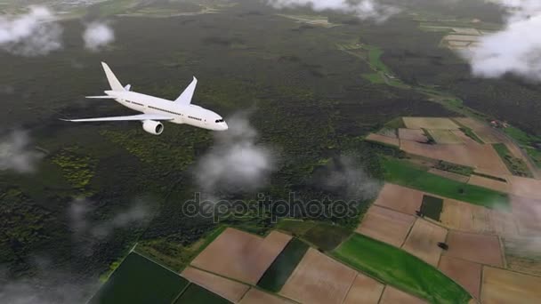 Brandless 客机在农村上空积云低空飞行 下面是高质量的地面纹理贴图 逼真的3D 动画呈现在4K — 图库视频影像