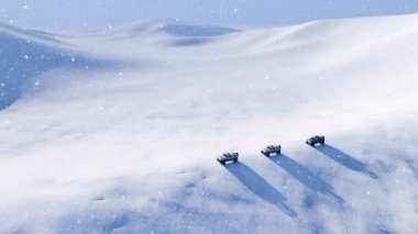 Havadan görünümü 4 x 4 araçlar Suv kutup kar çöl boyunca yoğun kar yağışı karlı yamaçları sürüklenen kar ile sevk yol kapalı. 4 k'dan fazla işlenen gerçekçi 3d animasyon