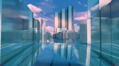 Modern ayna Tokyo şehir yönetim ve ticari ile bölgesinin Shinjuku Park Tower yüksek binaların sokak düzeyinde. 4 k'dan fazla işlenen minimalizm tarzı soyut mimari 3d animasyon