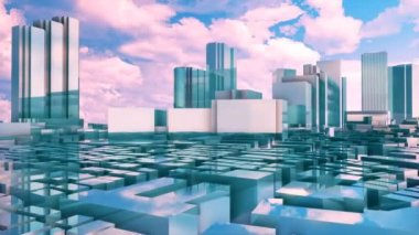 Soyut ayna modern ticari ve idari Merkezi Tokyo City - Shinjuku karşı günbatımı bulutlar yansıtıcı gökdelenler. 4 k'dan fazla işlenen minimalizm tarzı mimari 3d animasyon