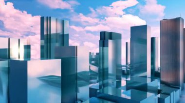 Soyut modern yüksek doğmak ofis binaları yansıması ile cepheler Shinjuku Tokyo bölge bulutlu gökyüzü arka plan ayna. Minimalizm tarzı 4 k'dan fazla işlenen basit mimari 3d animasyon