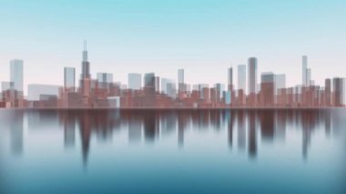 Soyut 3d Chicago şehir şehir merkezinde yüksek doğmak binalar gökdelenler siluetleri açık mavi gökyüzü arka plan ile suya yansıyan. 4 k'dan fazla işlenen fütüristik mimari animasyon