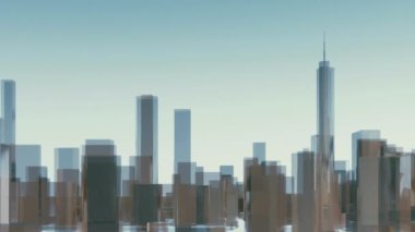 Panorama soyut yansıtıcı küp şekil yüksek doğmak binalar gökdelen silueti Chicago şehir merkezinde ışık mavi gökyüzü arka plan üzerinde. 4 k'dan fazla işlenen mimari 3d animasyon