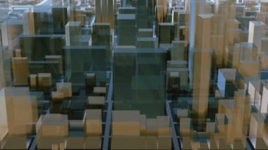 Downtown modern yansıtıcı cam küp ve blok şekilleri ile soyut 3d şehir üzerinde highrise binalar gökdelenler uçan. 4 k'dan fazla işlenen fütüristik mimari arka plan minimalizm animasyon