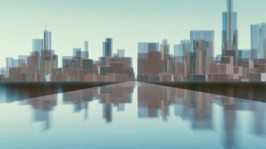 Soyut Chicago şehir manzarası ile şehir ayna yüzey ve modern blok şekil highrise binalar üzerine düşünceler için hareket karayoluyla. 4 k'dan fazla işlenen fütüristik minimalizm 3d animasyon