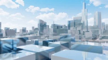 Soyut ayna yansıtıcı şehir manzarası highrise binalar gündüz bulutlu gökyüzü Downtown Chicago, Illinois, Amerika Birleşik Devletleri karşı. Minimalizm fütüristik mimari 3d animasyon 4 k'dan fazla işlenen