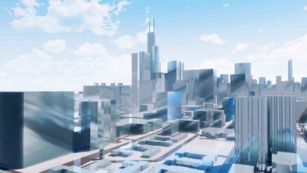 Abstrait bâtiments modernes de grande hauteur avec des façades réfléchissantes miroir dans le centre-ville de Chicago sur fond de ciel nuageux. Animation 3D architecturale simple dans un style minimaliste rendu en 4K 