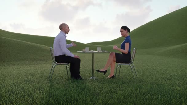 つの正装ビジネスマン 男と女をコーヒー テーブルに座っていると 田舎の緑の牧草地の間で昼食休憩中に話しているとシュールなシーン でレンダリングされた アニメーション — ストック動画
