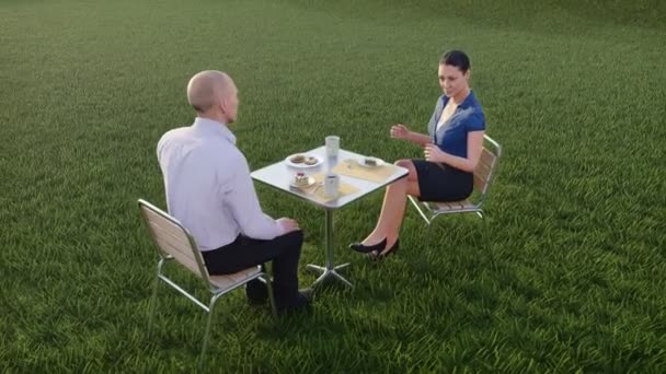 Unrealistic Animation Two Business People Man Woman City Clothes Sitting — Stock Video