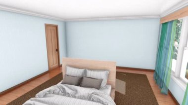 Rahat modern yatak odası iç tasarım oluşturma, işlem mobilya. 4 k'dan fazla işlenen yüksek açı görünümü gerçekçi 3d animasyon