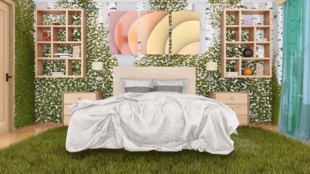 Primer Plano Cama Doble Cómodo Interior Moderno Dormitorio Luminoso Con — Vídeos de Stock