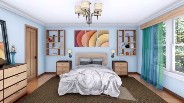 Útulný eleganci světlé ložnice s manželskou postelí a ostatní nábytek, moderní minimalismus styl interiérového designu. Realistické 3d animace vykreslované v rozlišení 4k
