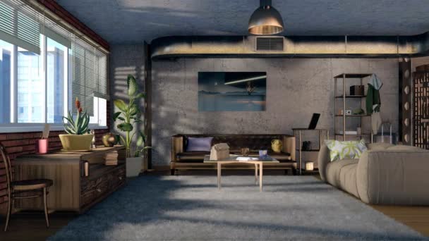 Moderní městský obývák interiér s pohovkami, zděné, betonové zdi, ventilace zásobníku a panoramatické okno v podkroví stylu byt ve dne. Koncepce designu 3d animace vykreslen v rozlišení 4k