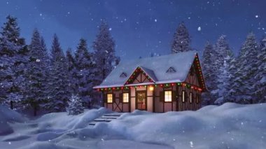 Kar yağışı gecesi karla kaplı köknar ağacı ormanlarının arasında Noel için dekore edilmiş, yarı keresteli, ıssız bir kır evi. Xmas ve Yeni Yıl Tatilleri için 3D animasyon 4K ile yapıldı