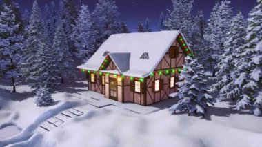 Noel 'de karla kaplı köknar ormanları arasında süslenmiş, karla kaplı, yarı kereste kaplı, ıssız bir kır evi. Hiç kimse Xmas için 3D animasyon ya da 4K ile oluşturulan yeni yıl