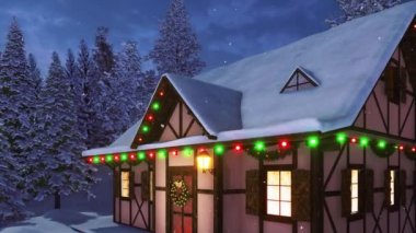 Kar cephesi, Noel ışıkları, çelenk ve çelenklerle süslenmiş yarı kereste kaplı kır evi karlı kış gecelerinde karlı köknar ormanları arasında. 4K ile hazırlanmış 3D neşeli animasyon