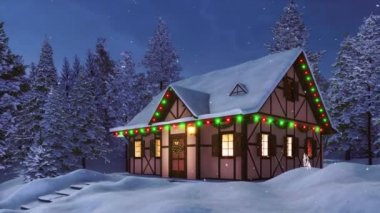 Noel ışıkları ve çelenklerle süslenmiş, kışın kar yağarken karla kaplı köknar ormanları arasında yarı ahşap bir kır evi. Hiçbir insan 4K 'da 3D animasyon yapamaz.