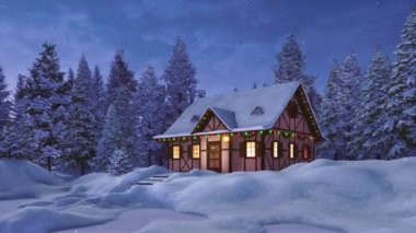 Kar yağdığı gece, karla kaplı köknar ağacı ormanları arasında Noel ışıklarıyla süslenmiş, karla kaplı kır evi ile huzurlu kış manzarası. Xmas ya da Yeni Yıl için 4K olarak hazırlanan 3D şenlik animasyonu