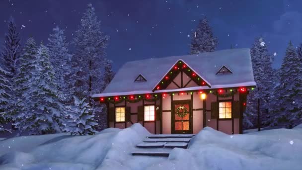 ländliches Fachwerkhaus, geschmückt mit Weihnachtslichtern und Girlanden inmitten schneebedeckter Tannenwälder in verschneiter Winternacht. ohne Menschen 3D-Animation für Weihnachten oder Neujahr in 4k