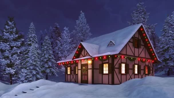 クリスマスのために装飾され 穏やかな冬の夜には 雪に覆われたモミの森の中のクリスマスライトのガーランドによって照らされた居心地の良い半層の素朴な家 4Kでレンダリングされた人々のお祝いの3Dアニメーションなし — ストック動画