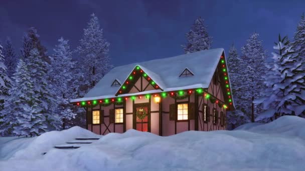 雪に覆われた夜の松林の中でクリスマスライトに照らされた居心地の良い雪に覆われた半木の田舎の家と夢のような冬の風景 4Kでレンダリングされたクリスマスや新年のための祭り3Dアニメーション — ストック動画