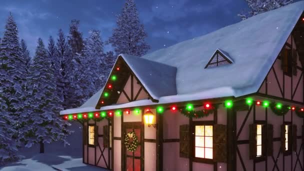 Facciata Neve Coperta Casa Rustica Graticcio Decorata Natale Con Luci — Video Stock