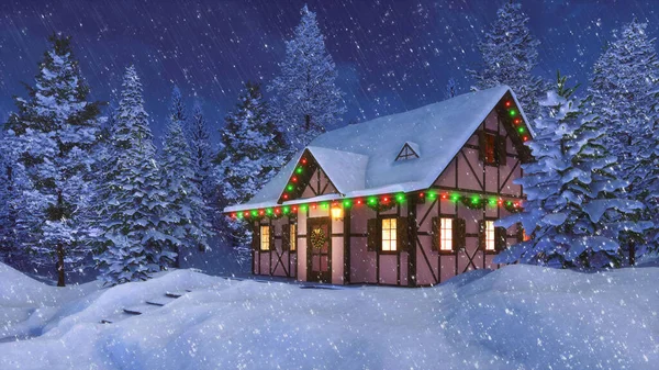 Rustic house with Christmas decorations at snowfall winter night ...