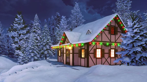 Rustikales Haus für Weihnachten in der Winternacht dekoriert 3d — Stockfoto