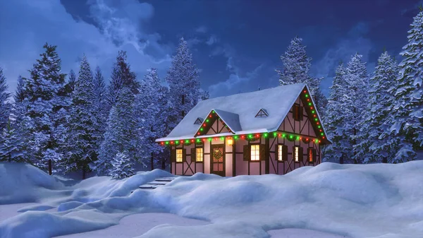 Casa rural cubierta de nieve decorada para Navidad en la noche de invierno —  Fotos de Stock
