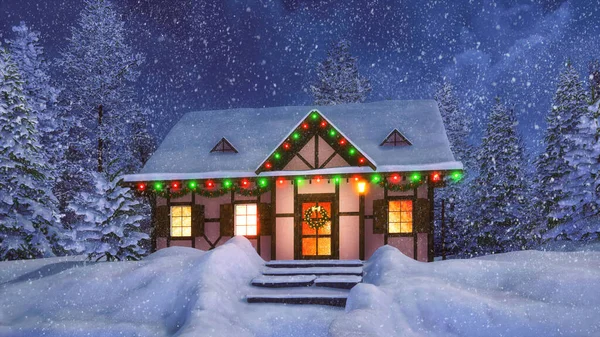 Casa rústica decorada para Navidad en la noche de invierno nevada —  Fotos de Stock