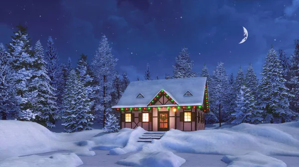 Cozy rustic house decorated for Christmas night 3D