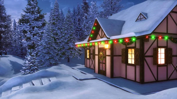 Facciata della casa rurale con decorazioni natalizie nella notte d'inverno — Foto Stock