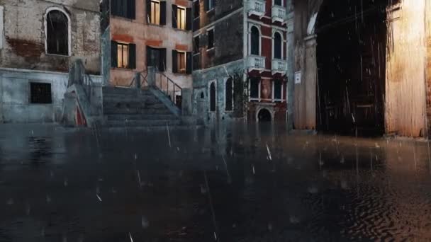 在意大利威尼斯的Acqua Alta被洪水淹没时 在空旷的威尼斯街上被水路和古桥淹没 没有现实的3D动画在4K中呈现 — 图库视频影像