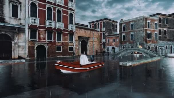 在威尼斯的阿夸阿尔塔 Acqua Alta 大洪水中 清澈的威尼斯街道上满是运河上的古桥和展望中的充气船 没有人用4K渲染3D动画 — 图库视频影像