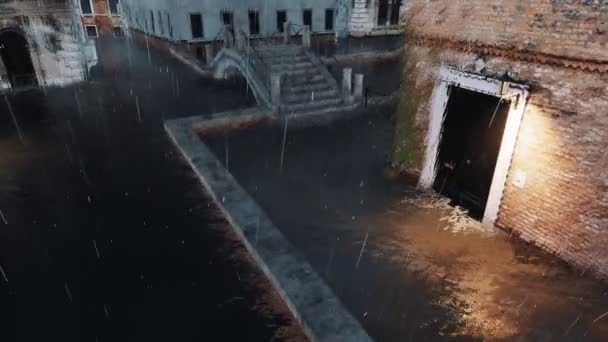 Затопленный Водным Тротуаром Древним Мостом Через Канал Пустой Венецианской Улице — стоковое видео