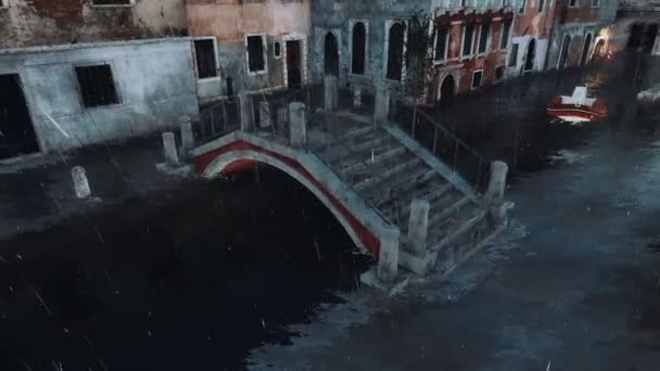 Flooded Venetian Street Ancient Bridge Water Canal Inflatable Boat Distance — ストック動画
