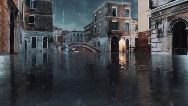 意大利威尼斯的Acqua Alta在一场灾难性的高水位洪水中 在空旷的威尼斯街道上 古建筑和人行道被洪水淹没 没有现实的3D动画在4K中呈现 — 图库视频影像