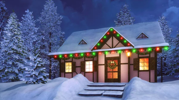 Acogedora casa rural nevada decorada para la noche de Navidad — Foto de Stock