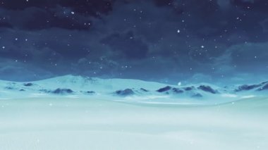 Basit kutup manzarası. Kar yağışı sırasında, dondurucu kış alacakaranlıklarında, sonsuz karlı yamaçlar altında, karanlık bulutlu gökyüzü altında, boş kar çölleri. İnsansız, doğal arka plan. 4K ile yapılmış 3D animasyon.
